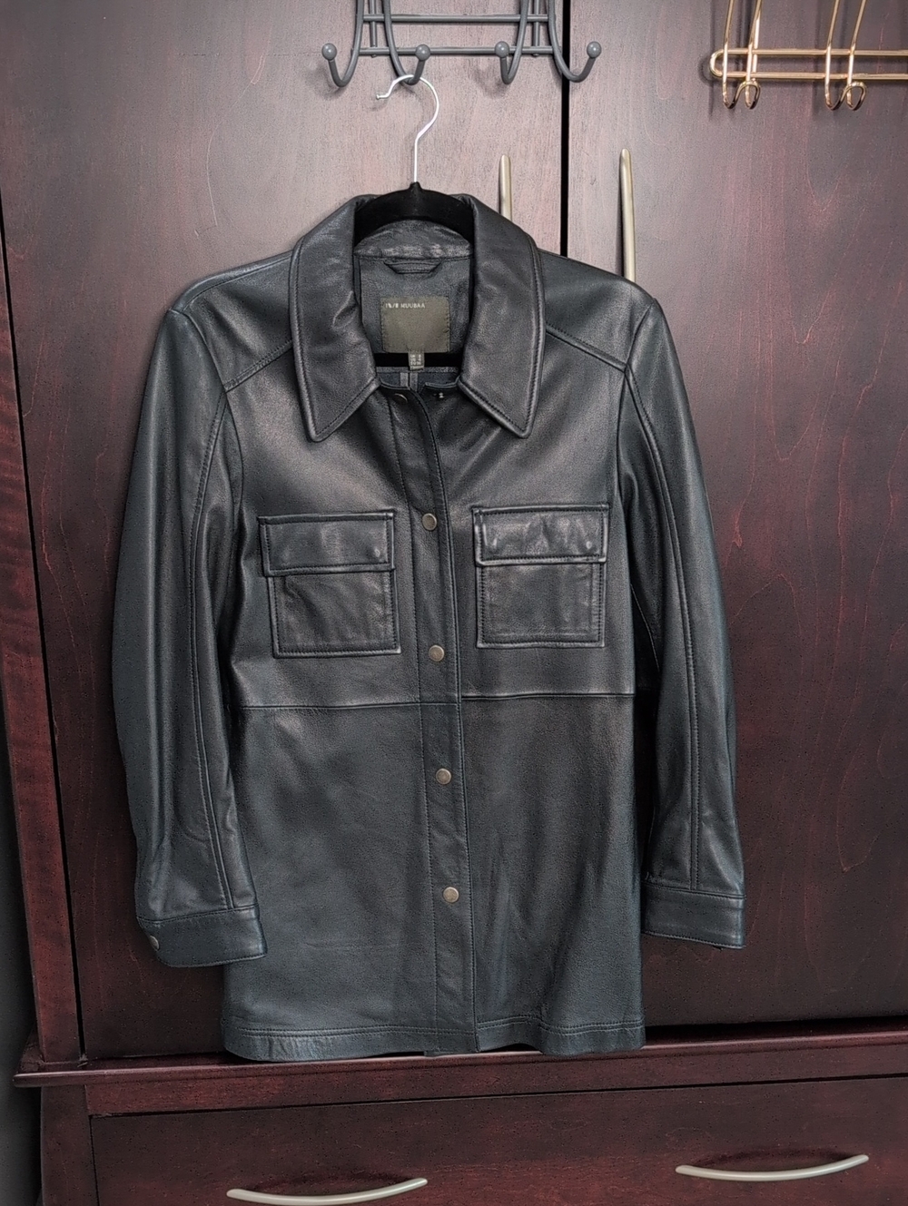 Muubaa Long Line Lamb Skin Shirt Jacket Dark navy US4